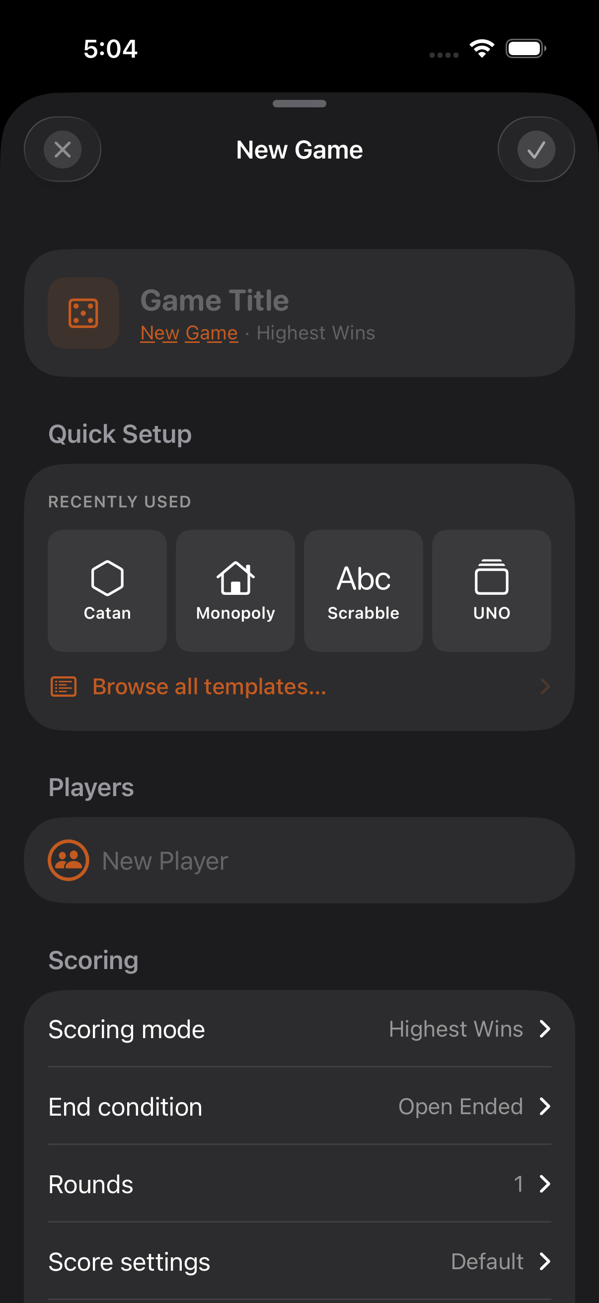 New game form showing scoring unit options