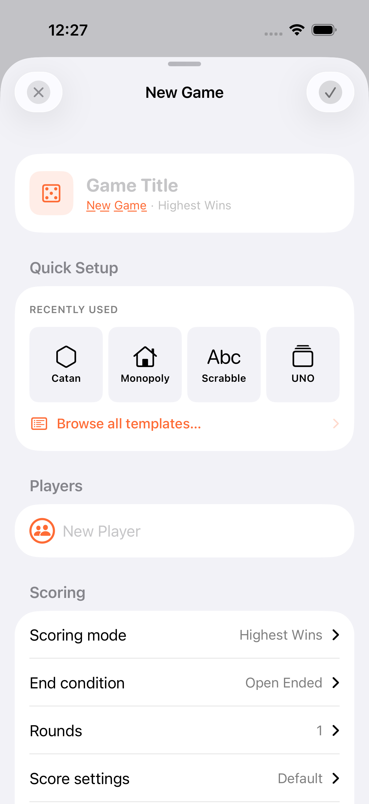 New game form showing scoring unit options